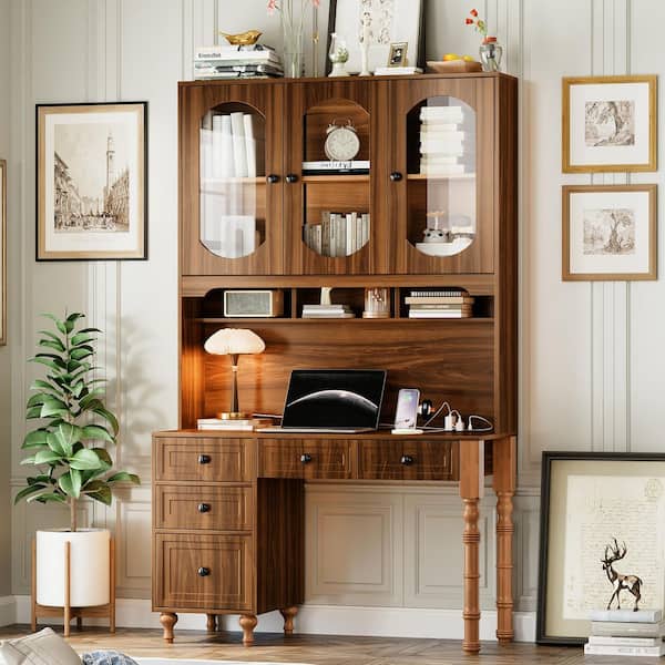 47 in. Walnut Wood 5-Drawer Executive Computer Desk w/ Charging Ports Hutch Cabinet Office Desk w/ Glass-Door Bookshelf