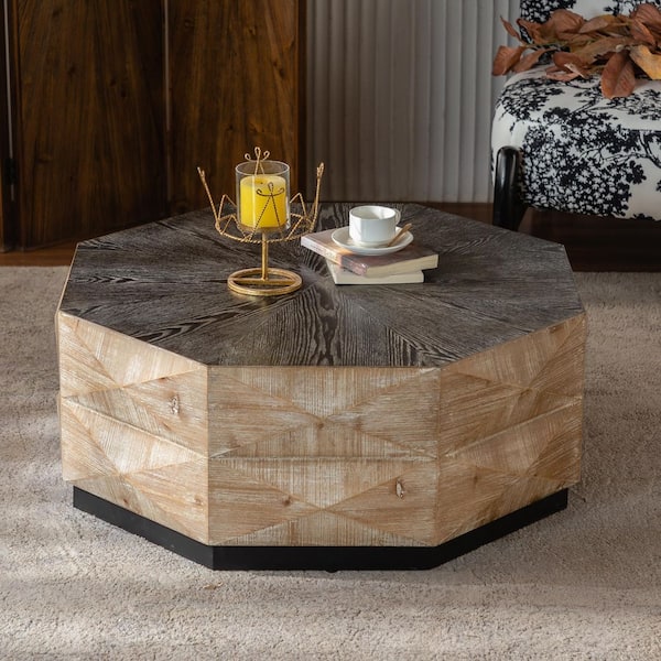 33 in. Brown Octagon Wood Coffee Table-Retro Geometric Wood Center Table with 3D Embossed Pattern for Living Room