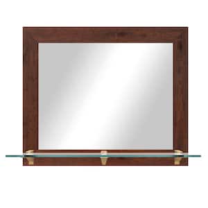 25.5 in. W x 21.5 in. H Rectangle Dark Walnut Horizontal Framed Mirror With Tempered Glass Shelf/Brass Brackets