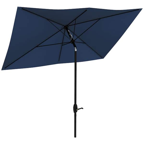 Zeus & Ruta 10 ft. x 6.5 ft. Steel Push-Up Patio Market Umbrella with Push Button Tilt and Crank in Blue