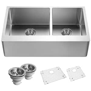 Houzer Epicure 33 in. Stainless Steel Apron Front 60/40 Double Small Right Bowl Kitchen Sink with Strainer - END-3360SR