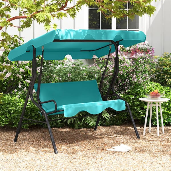 3 Seats Canopy Patio Swing Glider Hammock Cushioned Backyard in Blue