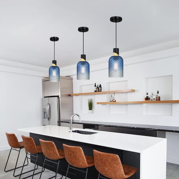 1-Light Blue Gradient Pendant Light with Hammered Glass Shade, No Bulbs Included