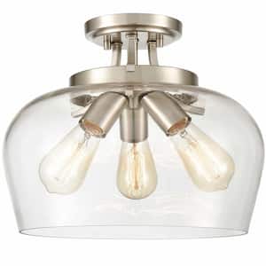 13.6 in. 3-Light Nickel Modern Semi-Flush Mount with Clear Glass Shade and No Bulbs Included 1-Pack
