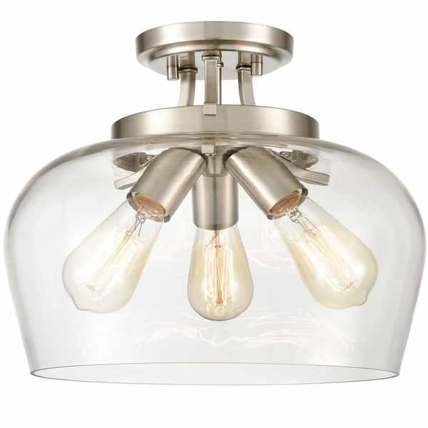 CLAXY 13.6 in. 3-Light Nickel Modern Semi-Flush Mount with Clear Glass Shade and No Bulbs Included 1-Pack