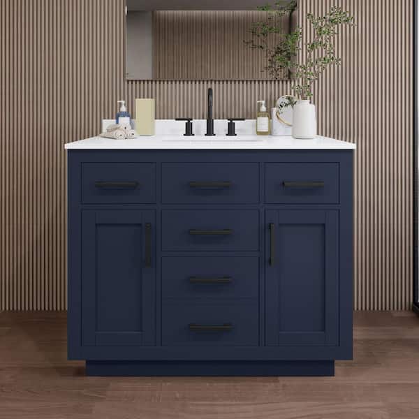 Wyndham Collection Beckett TK 42 in. W x 22 in. D x 35 in. H Single Bath Vanity in Dark Blue with White Quartz Top