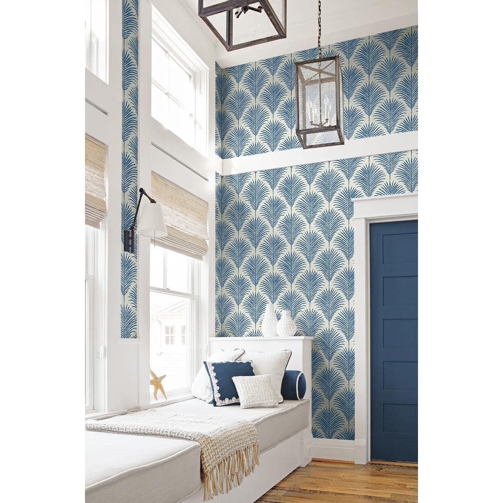 Coastal Blue Palm Frond Vinyl Peel and Stick Wallpaper Roll