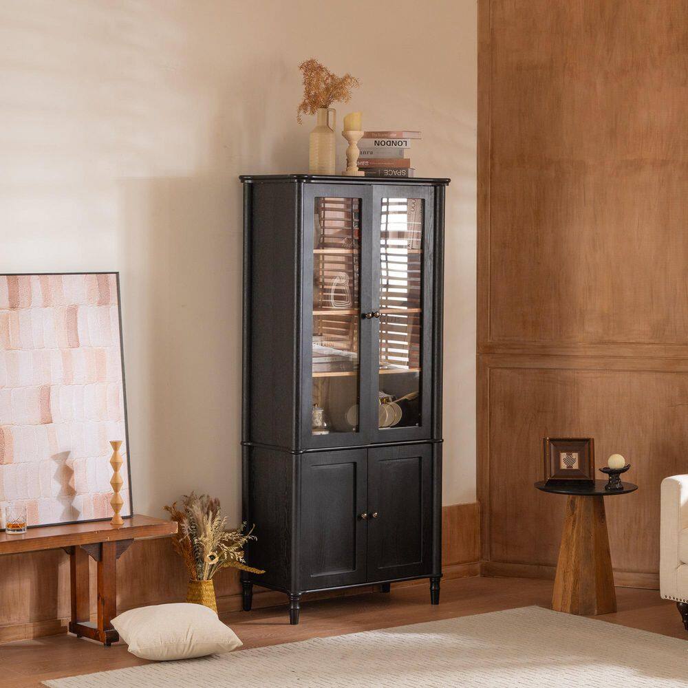 Black 73.25 in. H Storage Display Cabinet with 4 Adjustable Shelves, Glass Doors for Hallways, Living Room, Kitchen