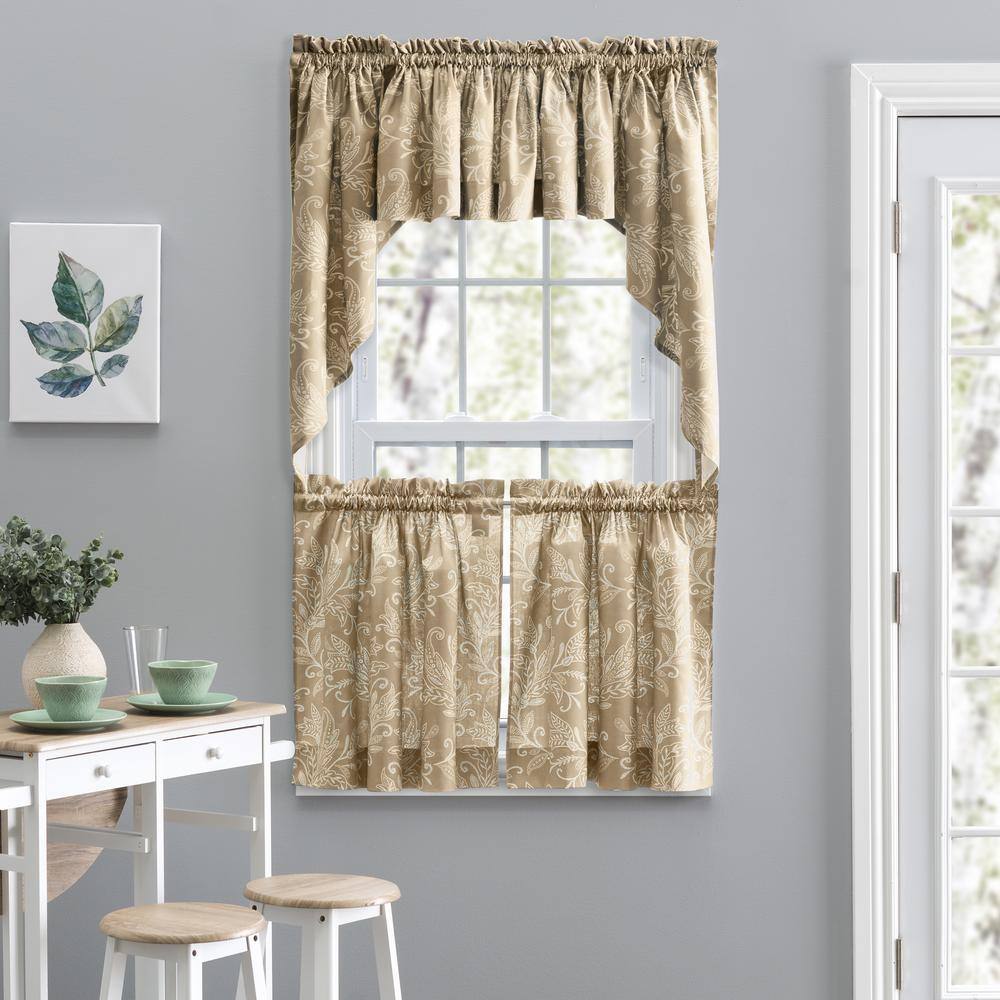 Tan Leaf Pattern Poly-Cotton Rod Pocket Curtain Tiers