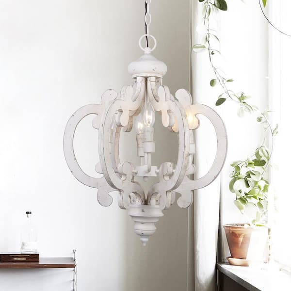 Flint Garden Modern Farmhouse 6-Light Distressed White Wood Dining Room Chandelier Kitchen Island Lantern Pendant Light