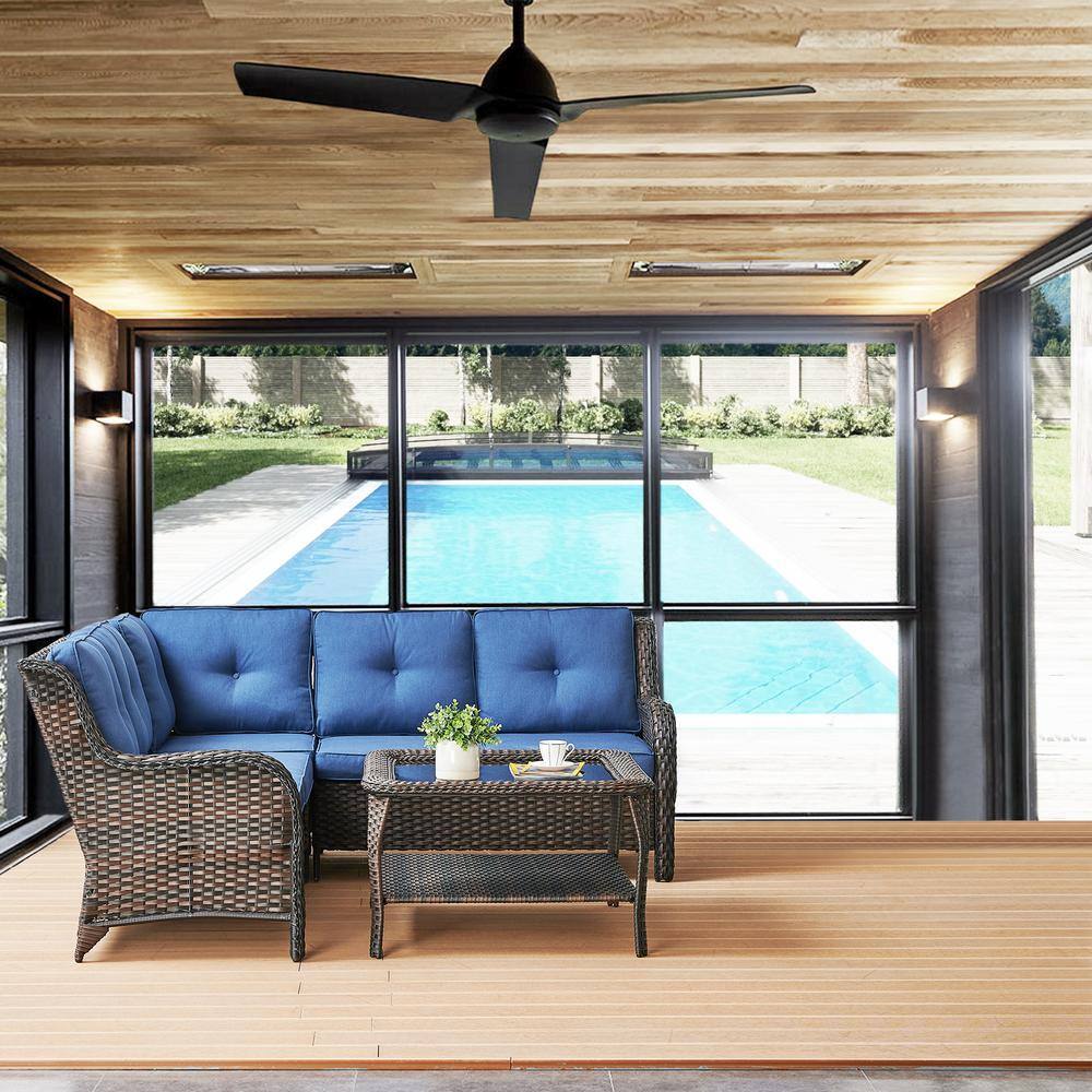 Carolina 4-Piece Brown PE Wicker Outdoor Patio Sectional Sofa with Blue Cushions and Coffee Table price history on PriceWatchPro