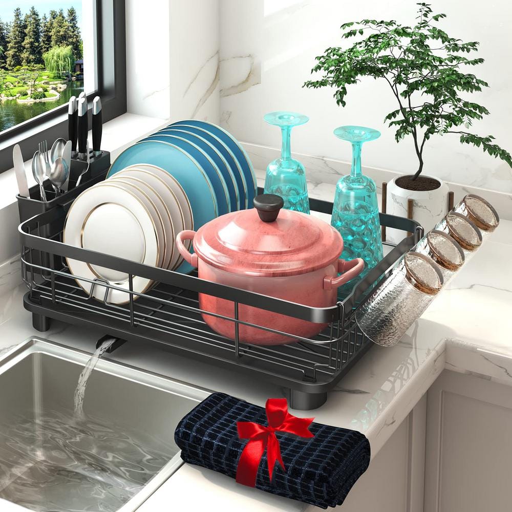 Numhew Dish Drying Rack, Dish Rack with Auto-Drain, 360