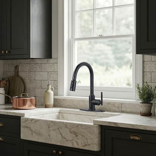 Modern High Arc Single Handle Pull-Down Sprayer Kitchen Faucet, Kitchen Sink Faucet with Deckplate in Oil Rubbed Bronze