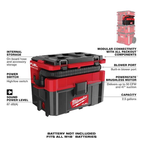 M18 FUEL 18V Lithium-Ion Brushless Cordless Hammer Drill/Impact Driver Combo Kit w/M18 Packout 2.5 Gal Wet/Dry Vacuum