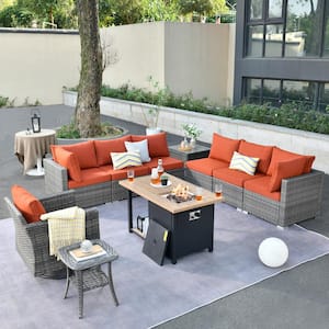 Messi Gray 10-Piece Wicker Outdoor Fire Pit Patio Conversation Sofa Set with a Swivel Chair and Orange Red Cushions