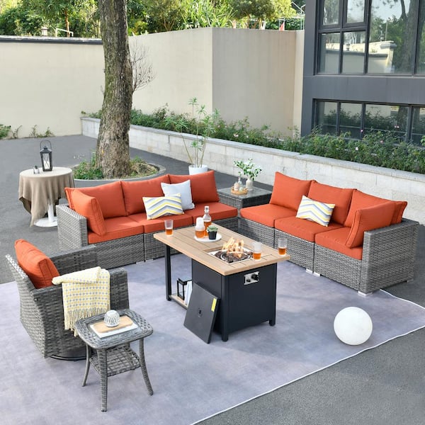 Hooowooo Messi Gray 10 Piece Wicker Outdoor Fire Pit Patio Conversation Sofa Set With A Swivel 9442