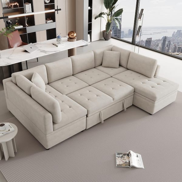 Harper & Bright Designs 117.3 in. Oversized Armless Chenille U-Shaped Convertible Sectional Sofa in Beige with Pull-Out Sofa Bed, 2 Pillows