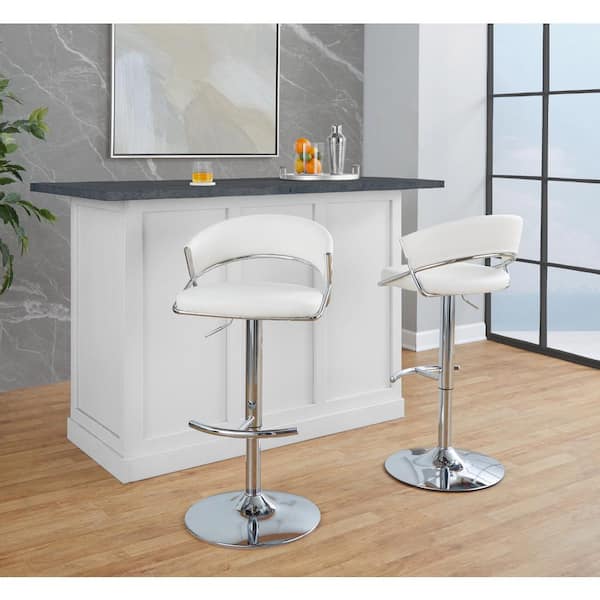 Lumisource Jie 32.5 in. White Faux Leather and Chrome Metal Adjustable Metal Bar Stool with Rounded T-Footrest (Set of 2)