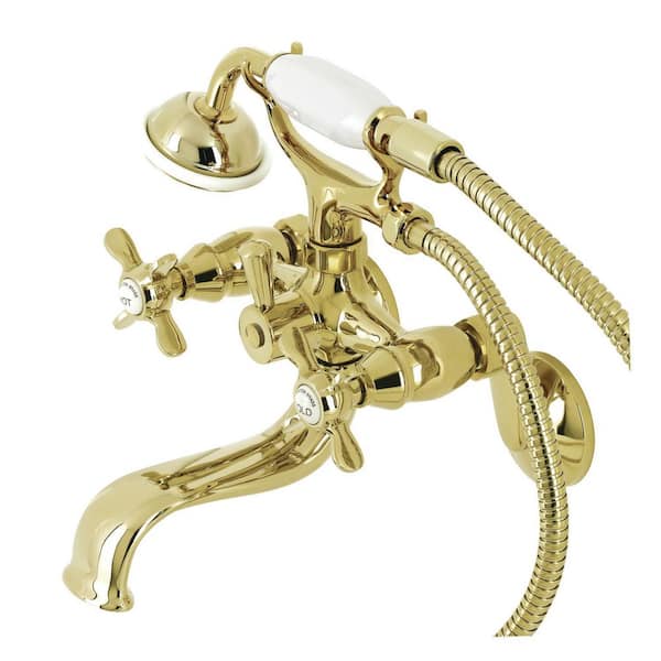 Kingston Brass Essex 2-Handle Wall-Mount Clawfoot Tub Faucets with Handshower in Polished Brass