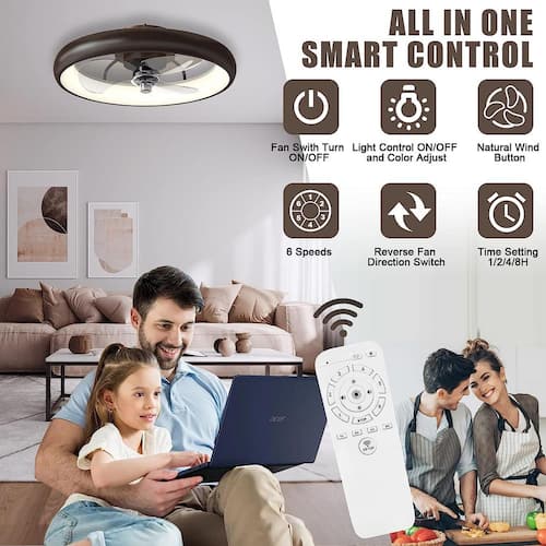 22 in. LED Indoor Black Smart Ceiling Fan with Light and Remote, Flush Mount Fan Light with APP and Dimmable Lighting Ceiling Fans With Lights