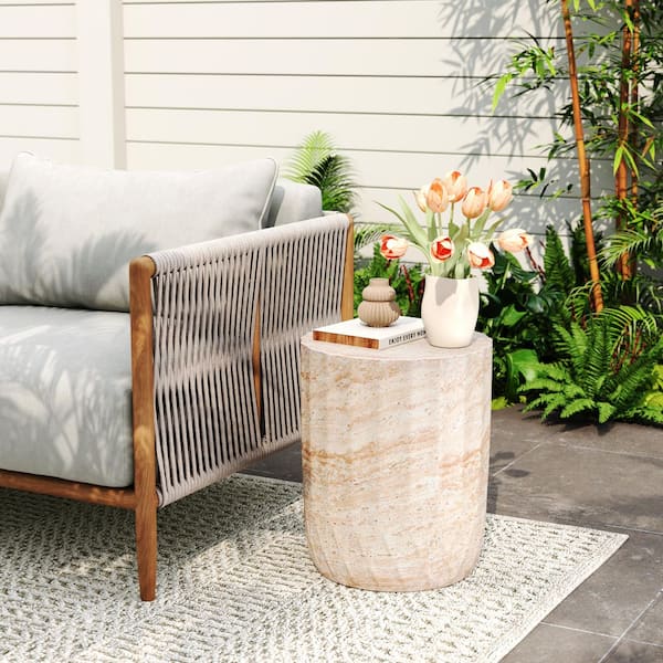 CHRISTOPHER KNIGHT HOME Alistair Outdoor Patio MGO Cylindrical Side Table, Lightweight Concrete, Travertine Finish