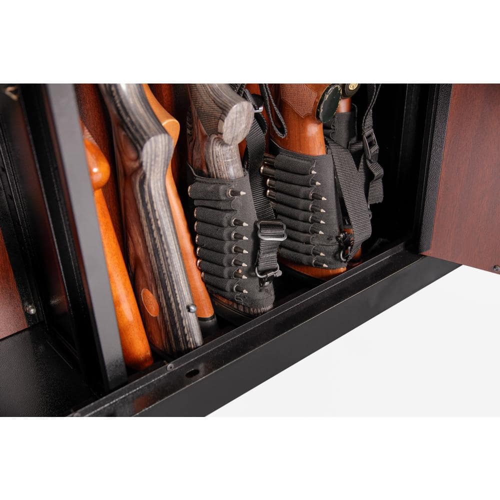Classic 16-Gun Black and Woodgrain Metal Safe with Key Lock