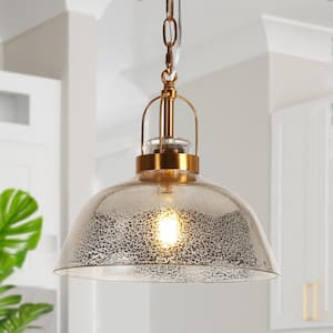 Mid-Century Modern 11 in. 1-Light Plated Brass Pendant Light with Bell Textured Glass Shade Island Ceiling Light