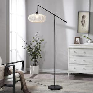 Chicago 71 in. Black Cottage 1-Light Up-Down Swing Arm Floor Lamp with White Paper Rope Shade