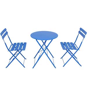 Blue 3--Piece Metal Outdoor Bistro Set with White Cushion
