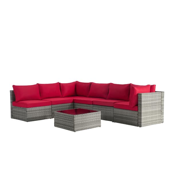 Cesicia 7-Piece Gray Rattan Wicker Outdoor Patio Conversation Sectional Sofa with Water Resistant Red Cushions