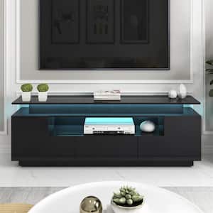 67 in. Black Modern Wood High Gloss TV Stand with 16-color LED Lights, 2 Shelves, 1 Drawer, 2 Cabinets, for 75+ inch TV