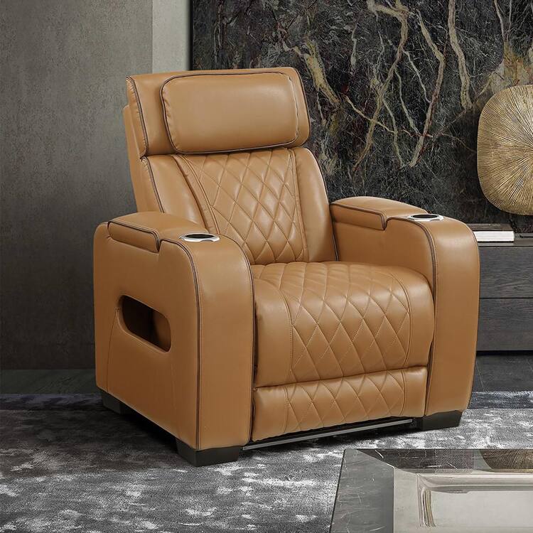 Lazzara Clumber Brown Faux Leather Power Recliner with Power Headrest, Cup Holders and Storage Arms