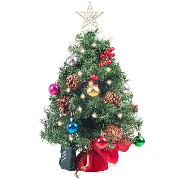SYNCFUN Syncfun 24in. Prelit Tabletop Christmas Tree with Warm Lights, Holly Berries, Pine Cones