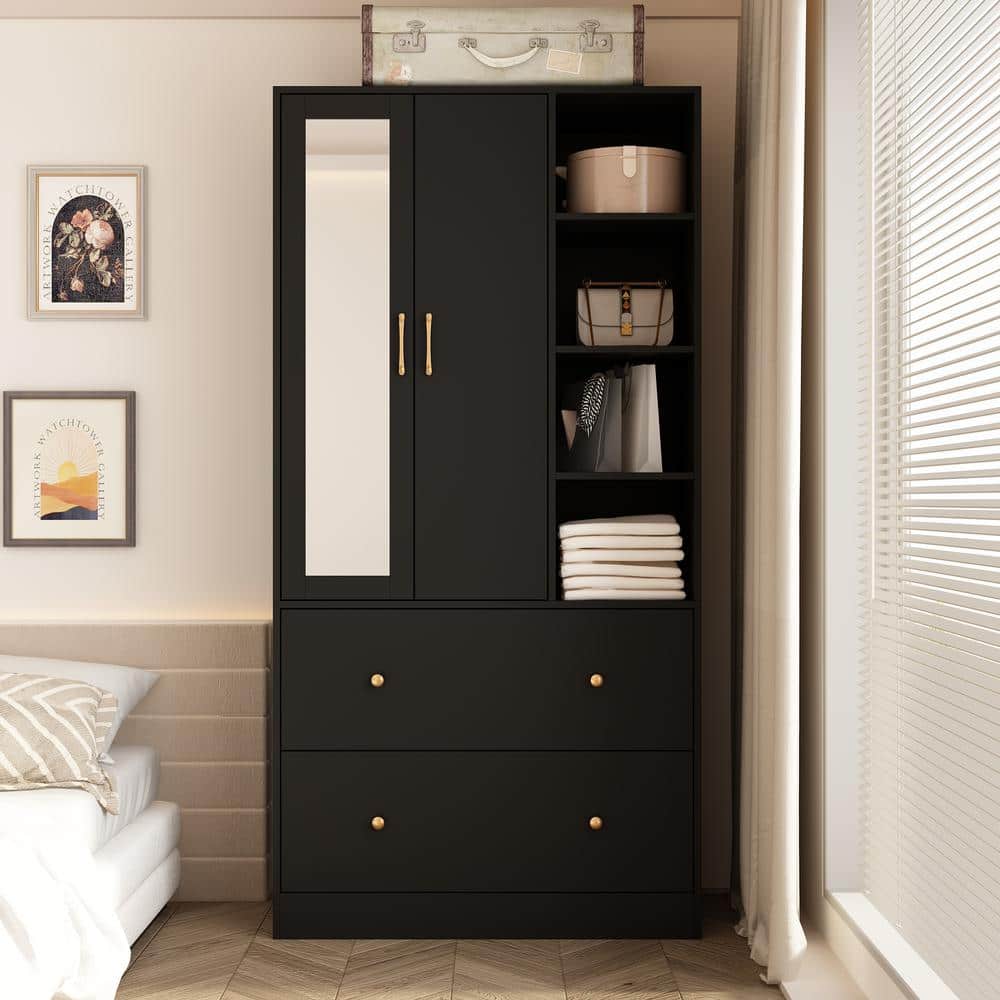 71 inch Tall Bedroom Armoire Wardrobe Closet Clothing Storage Cabinet with  Hanging Rod Barn Door Drawers Open Shelves (Black Brown)