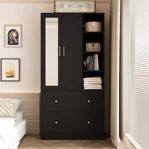 Black Wood 35.5 in. W Armoires Wardrobe With Mirror, Pulling Hanging Rod, Drawers, Shelves 15.8 in. D x 70.8 in. H