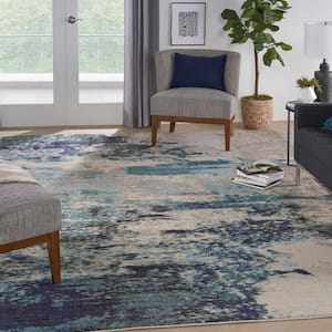 Celestial Ivory/Teal Blue 10 ft. x 14 ft. Abstract Modern Area Rug
