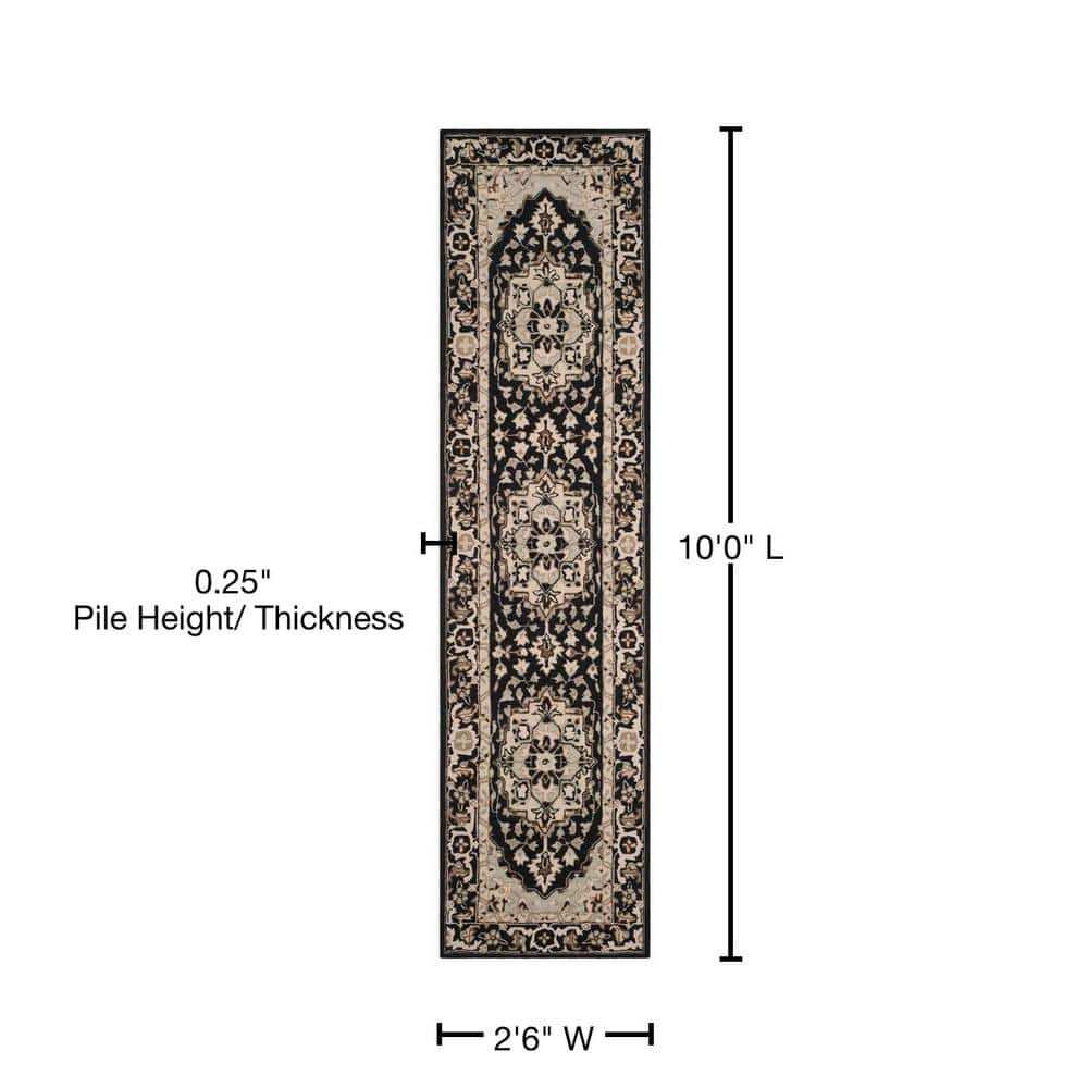 Black Floral Hand Hooked Wool Runner Rug