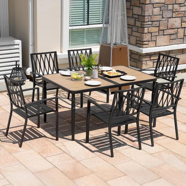 Black 7-Piece Outdoor Dining Set with 6 Patio Chairs and Rectangle Table with Umbrella Hole