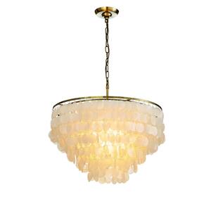 25.6 in. 6-Light Coastal Natural Capiz Shell Tiered Antique Gold Chandelier With Round Natural Seashell
