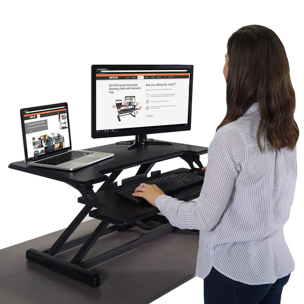 Black Steel Adjustable Standing Desk Converter with Keyboard Tray