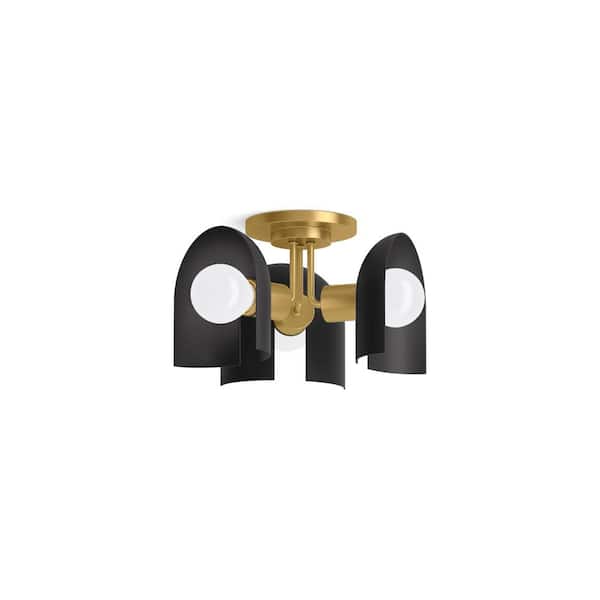 KOHLER Jabot 13.8125 in. 3-Light Black with Brass Trim Flush Mount