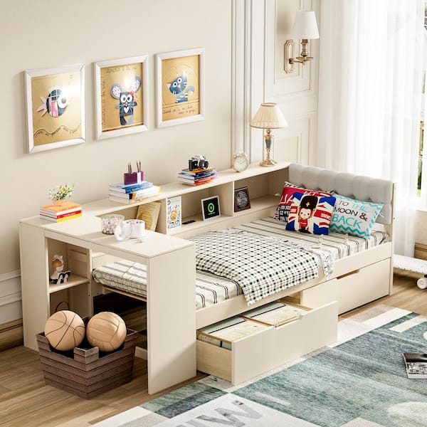 Harper & Bright Designs Cream Wood Frame Twin Platform Bed with 2 Drawers, Desk, Linen Upholstered Headboard, USB, Storage Shelves