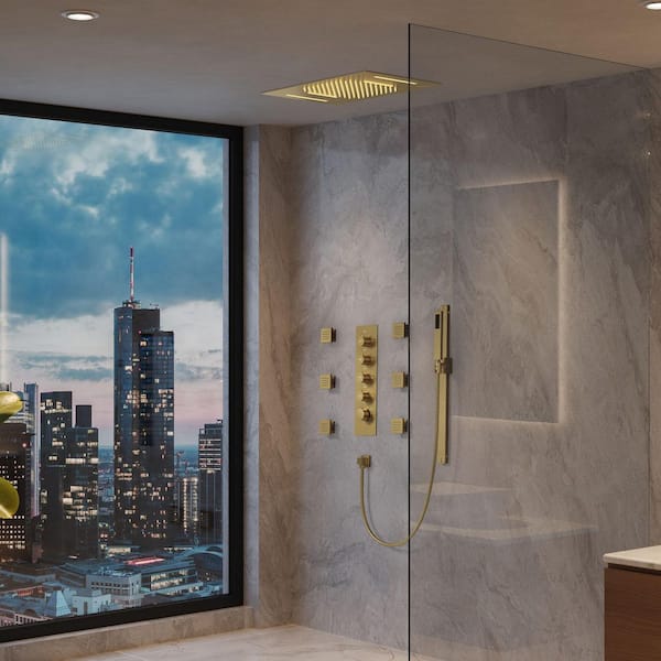 LED Thermostatic Quintuple Handle 15-Spray 23 x 15 in. Shower Faucets 2.5 GPM / Anti Scald, Body Spray in. Brushed Gold