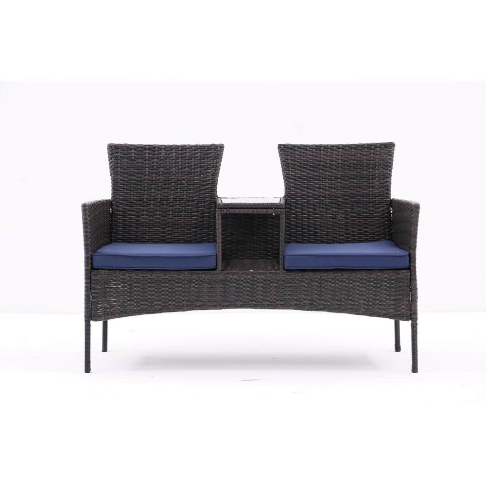 Brown Wicker Outdoor Loveseat Set with Blue Cushions Patio Conversation Fur