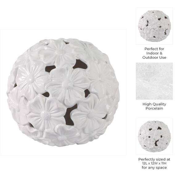Liv & Skye 12 in. x 11 in. White Stoneware Flower Cut-Out Orb