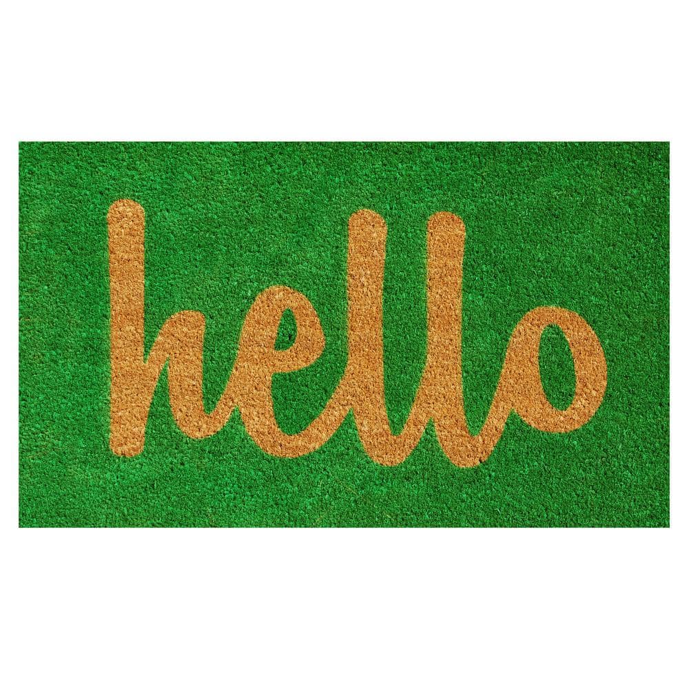 Hello Green/Natural Script 24 in. x 36 in. Door Mat