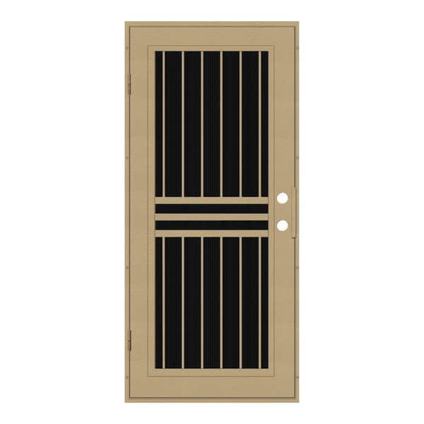 Unique Home Designs 30 in. x 80 in. Plain Bar Desert Sand Right-Hand Surface Mount Aluminum Security Door with Charcoal Insect Screen