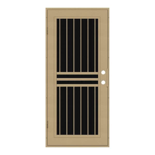 Unique Home Designs 32 in. x 80 in. Plain Bar Desert Sand Right-Hand Surface Mount Aluminum Security Door with Charcoal Insect Screen