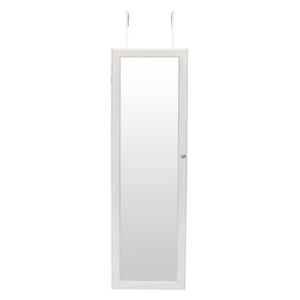 Outopee White Whole Body Mirror Wood Grain Jewelry Armoire Storage Cabinet with 6-LED Light 47 in. H x 15 in. W x 4 in. D