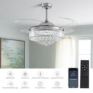 48 in. Indoor Modern Chrome Retractable Crystal Ceiling Fan with Dimmable LED Light Fandelier with Remote APP Control